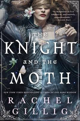 Book cover for The Knight and the Month by Rachel Gillig featuring a woman with one half of her body dressed in armor and the other half dressed in a blue gown.
