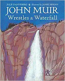 Book cover with a drawing of a hiker standing on a ledge hallway up a waterfall cliff