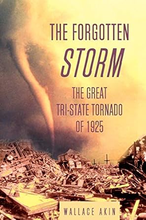 Book cover with a tornado surrounded by distruction