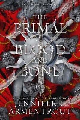 Book cover for The Primal of Blood and Bone by Jennifer L. Armentrout featuring an assortment of weapons on a silver sun with leaves in the background.