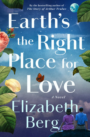 Book cover with two people sitting on a rock surrounded by flowers and the night skyiction