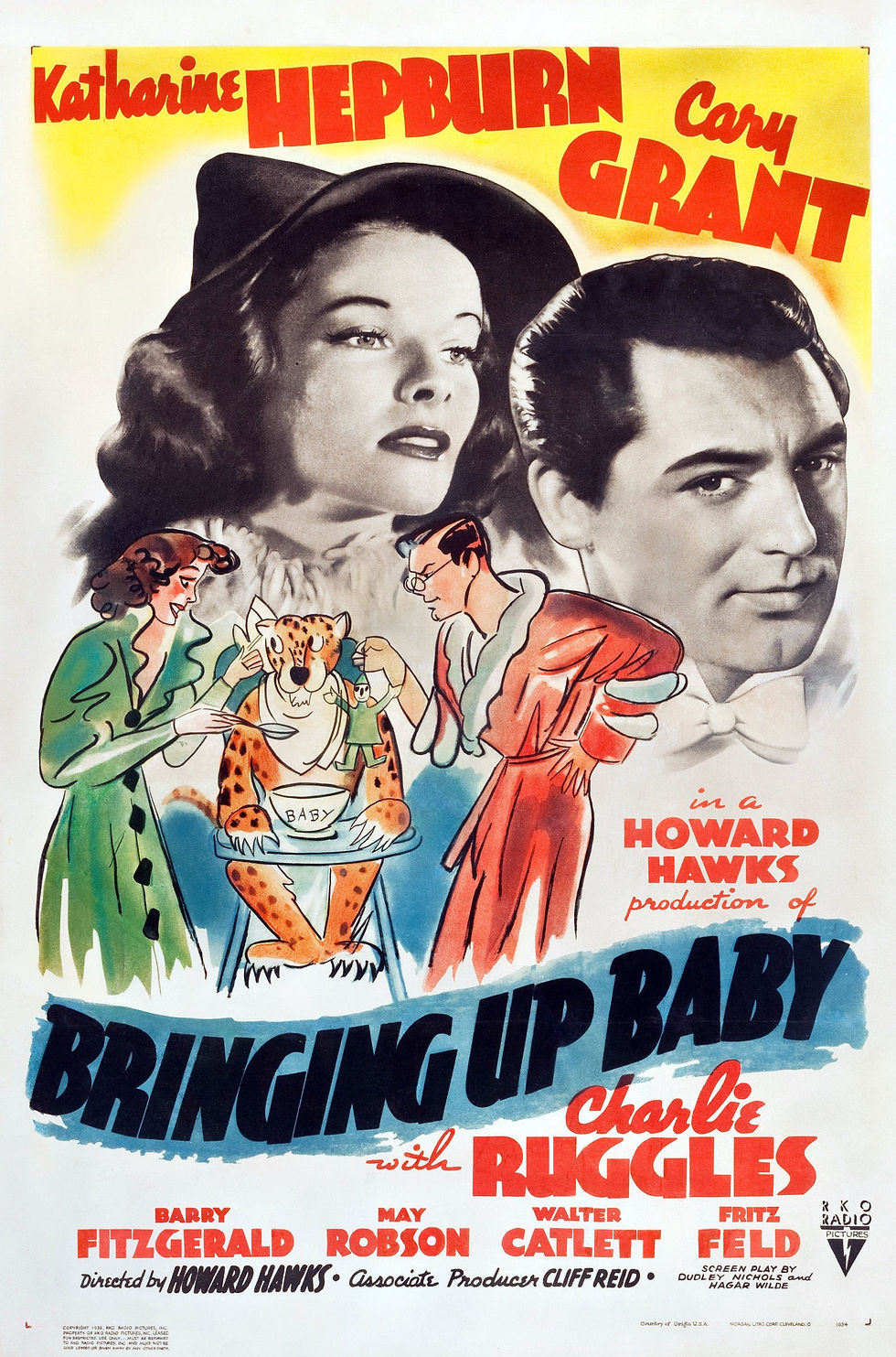 Vintage poster featuring a woman in a hat and man in suit, with a cartoon of them feeding a leopard in a high chair. Text: "Bringing Up Baby."