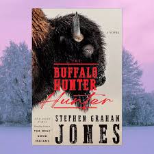 Book cover for Buffalo Hunter by Stephen Graham Jones featuring a profile view of a buffalo head.