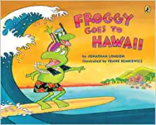 Book Cover with Froggy on his dad's shoulders surfing in the ocean