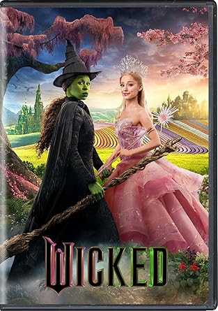 DVD cover for the movie Wicked with a green witch dressed in black and a witch dressed in a pink gown in front of the Emerald City