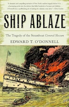 Book cover with a drawing of a ship on fire with people jumping in the water