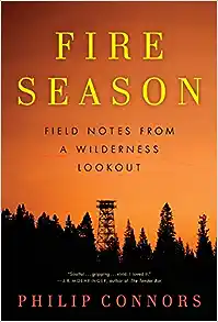 Book cover with an outline of the forest and fire tower against an orange sky