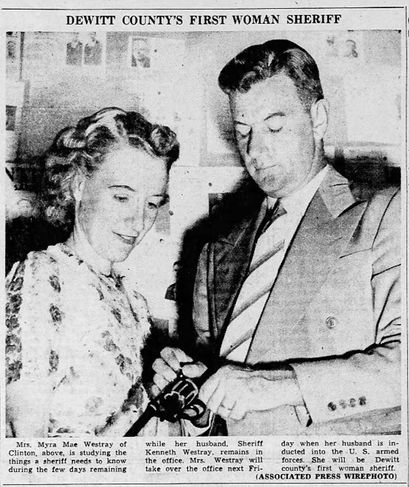 Newspaper clipping titled "DeWitt county's first woman sheriff" with a black and white photo of Ken showing Myra how to load a firearm