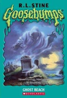 Book cover with a ghost appearing out of a grave with the beach in the background