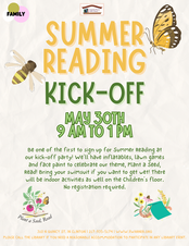White background with butterfly and bee with text overlay stating “Summer Reading Kick-Off!  May 30th.  9 AM to 1 PM.  Be one of the first to sign up for Summer Reading at our kick-off party! We’ll have inflatables, carnival games, lawn games, balloon animals, face paint and more.   Bring your swimsuit if you want to get wet! There will be handicap accessible activities as well on the Children’s floor. No registration required.  310 N Quincy St Clinton IL 61727. 217-935-5174. www.vwarner.org  Please call the library if you need a reasonable accommodation to participate in any library event.”