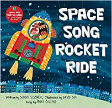 Book cover with kids in a rocket ship shooting into a sky full of stars with a town below