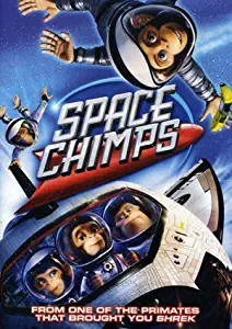 DVD cover with 3 space chimps inside a space shuttle and 2 more outside