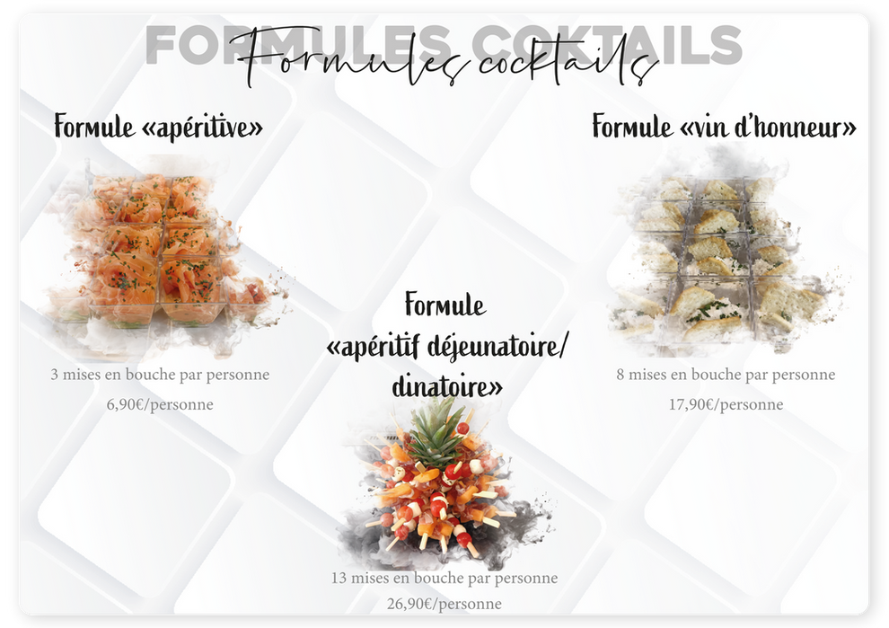 formules coktails pour le traiteur aux petits plats avec formule aperitive dinatoire ou vin d'honneur allant de 6,90€ a 16,90€