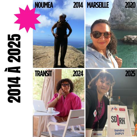 affiche avec quatre photos de sandra dupuy entre 2014 à 2025