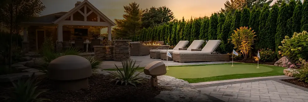 Luxurious backyard patio with lounge chairs and putting green