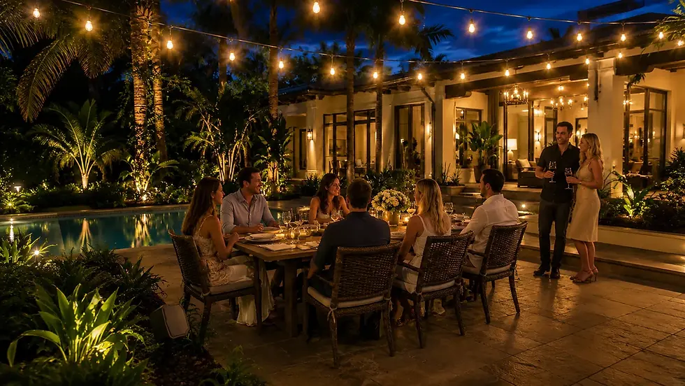 Outdoor dinner party at night with string lights