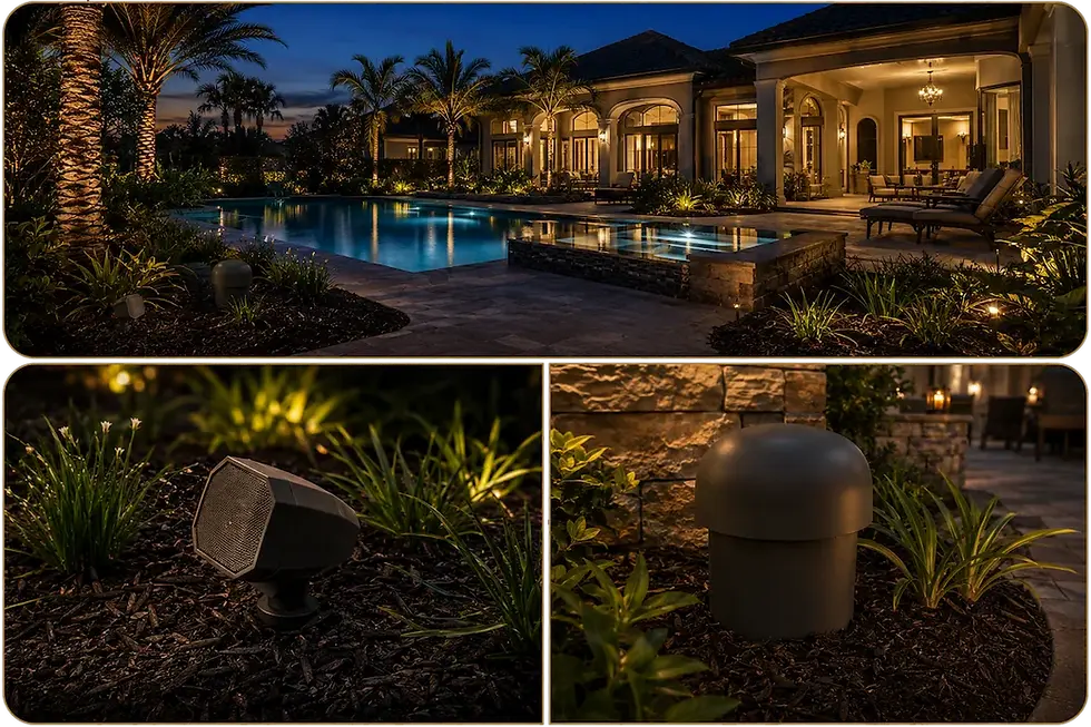 Luxury home, outdoor sound speakers & landscape lighting