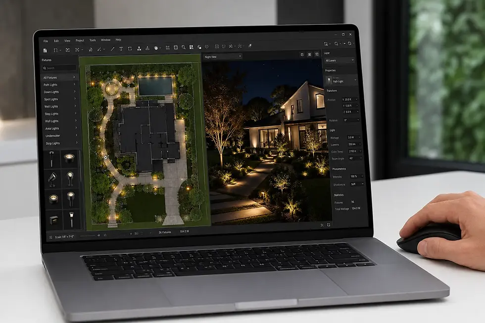 Laptop screen showing landscape lighting design