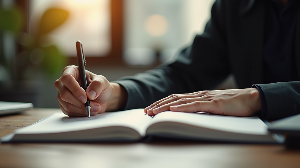 Eye-level view of a person sitting at a desk, writing in a journal