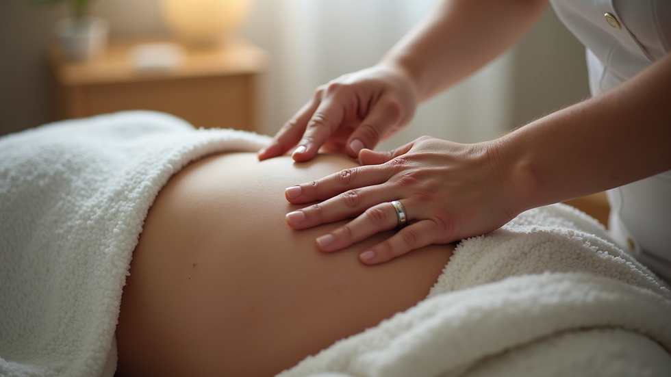 Close-up view of a therapist’s hands gently massaging a pregnant woman’s shoulder