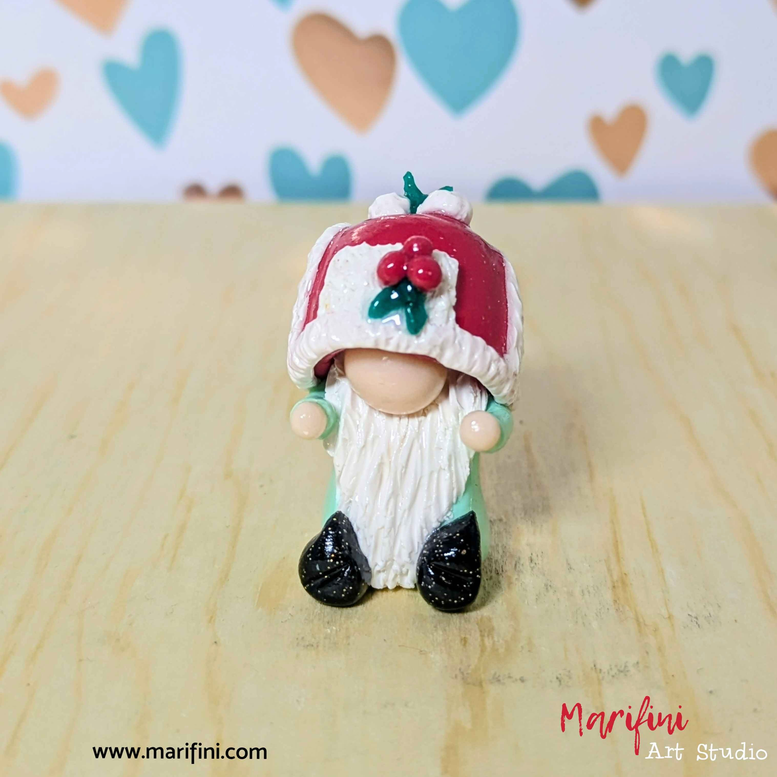Miniature Christmas Gnome with Red Pillbox Hat & Mistletoe