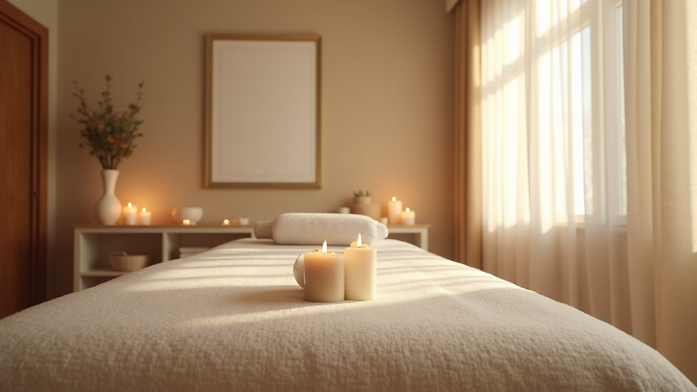 Eye-level view of a serene massage therapy room with calming decor