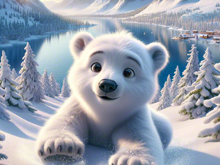 Illustration of a curious polar bear named Plumble surrounded by cheerful penguins on an icy landscape, sharing stories and laughter under a snowy sky.