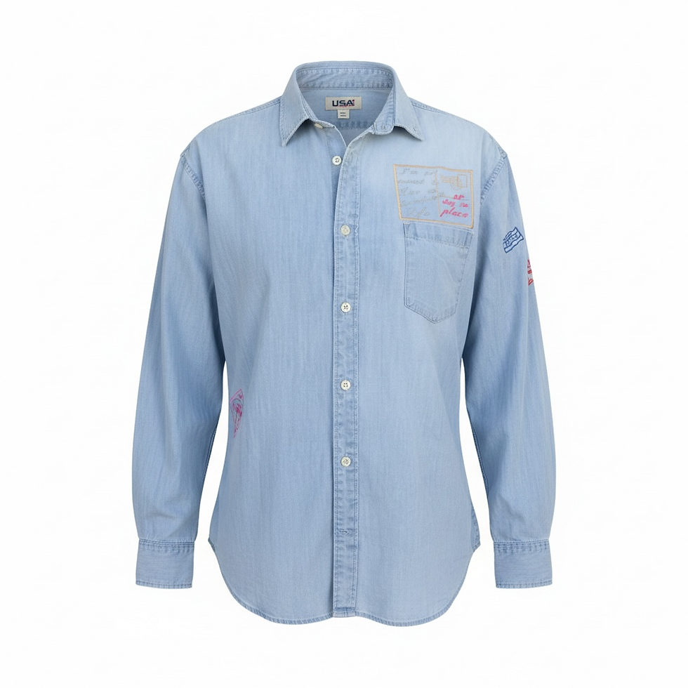 Thumbnail: Custom Upcycled Denim Shirt - Passport Stamp Design