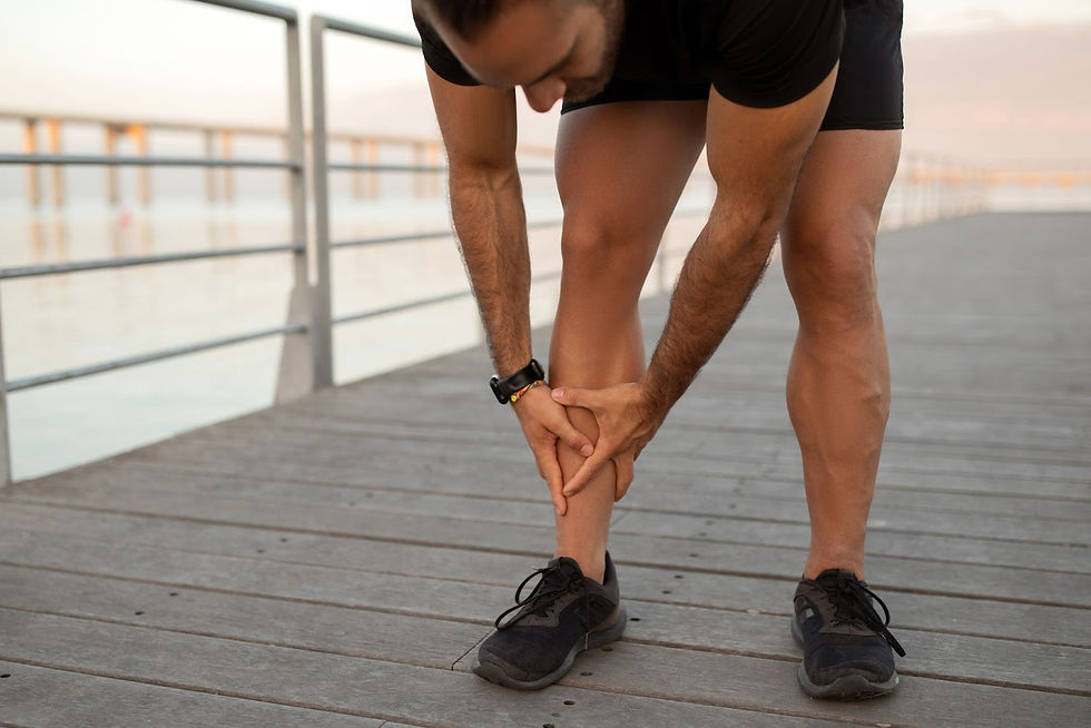 A runner pressing their shin, showing pain