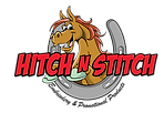 Hitch n Stitch logo with cartoon horse and horseshoe