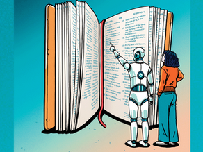 Illustration of robot pointing to Scripture. Original art by Eva Bee commissioned by Faith Today. All rights reserved.