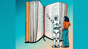 Illustration of robot pointing to Scripture. Original art by Eva Bee commissioned by Faith Today. All rights reserved.