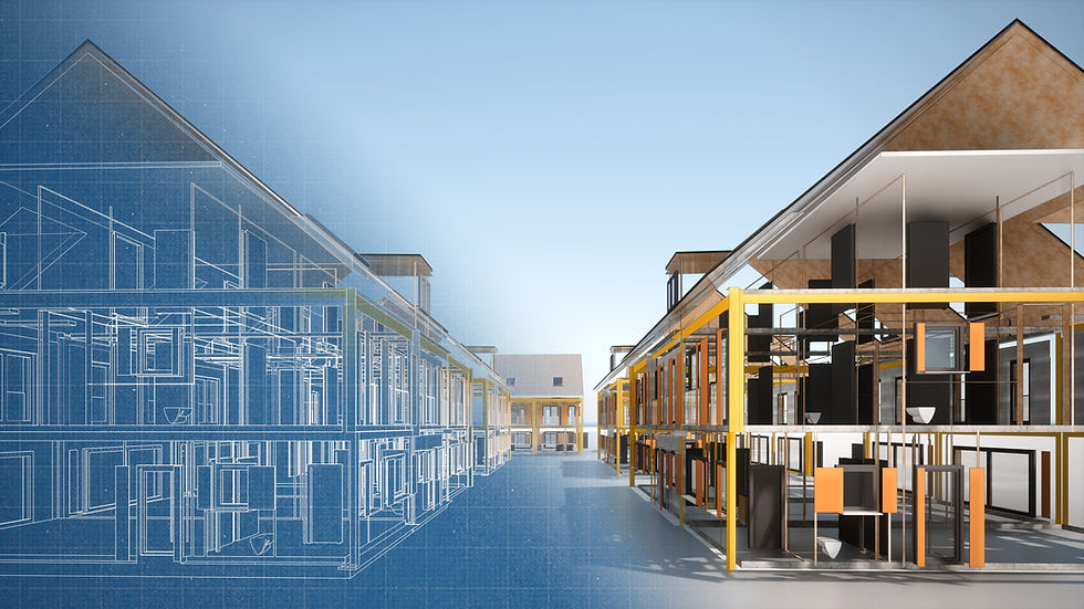 Digitale Gebäudemodellierung: Links eine schematische Bauzeichnung in Blaupausen-Optik, rechts das fotorealistische 3D-Modell eines modernen Gebäudes mit sichtbarer Haustechnik – symbolisiert den Übergang von analogen Bauplänen zu digitalen Bauwerksdaten (BIM).