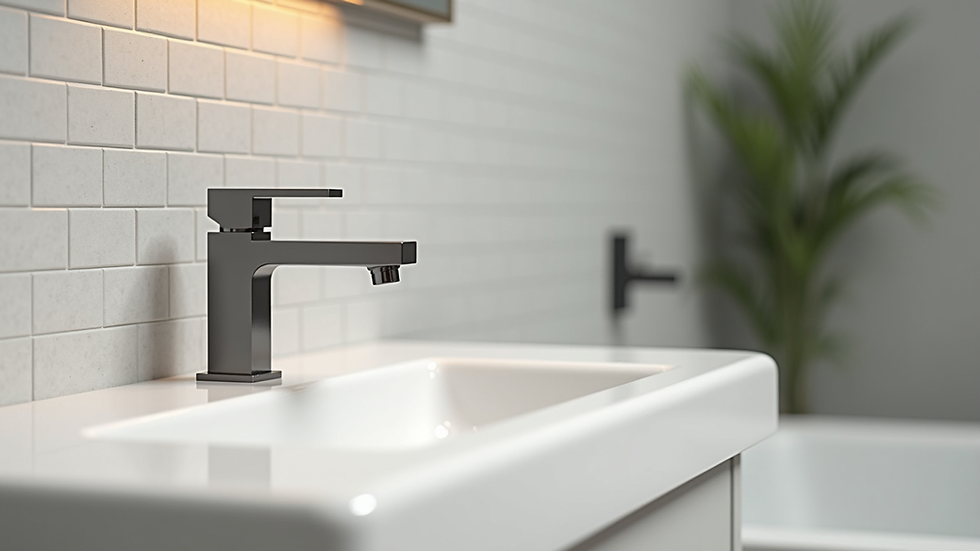 Close-up view of porcelain tiles and modern faucet in a bathroom