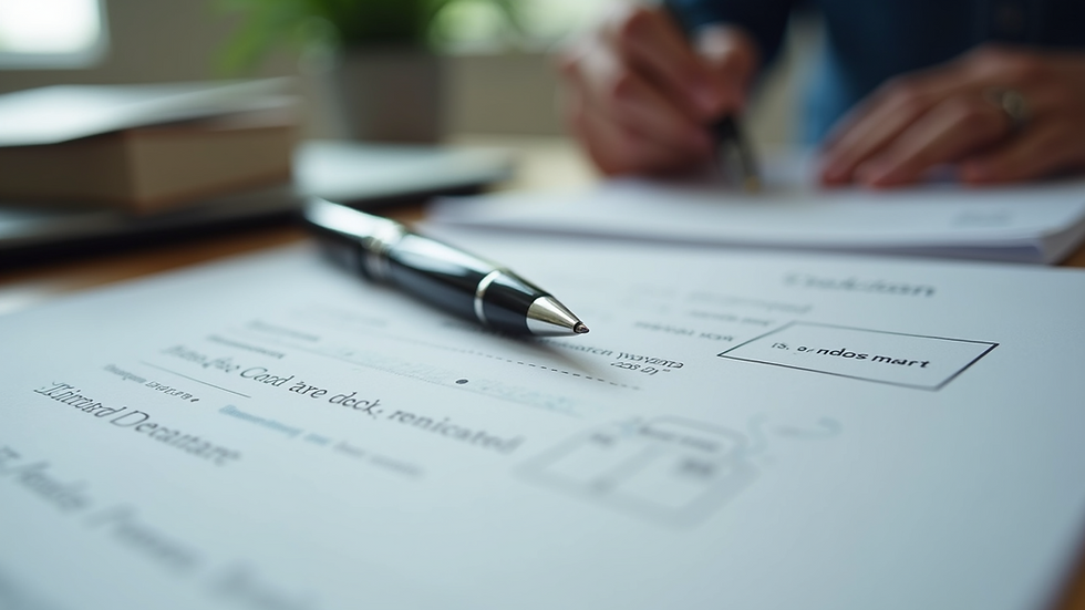 Eye-level view of a desk with estate documents and a pen