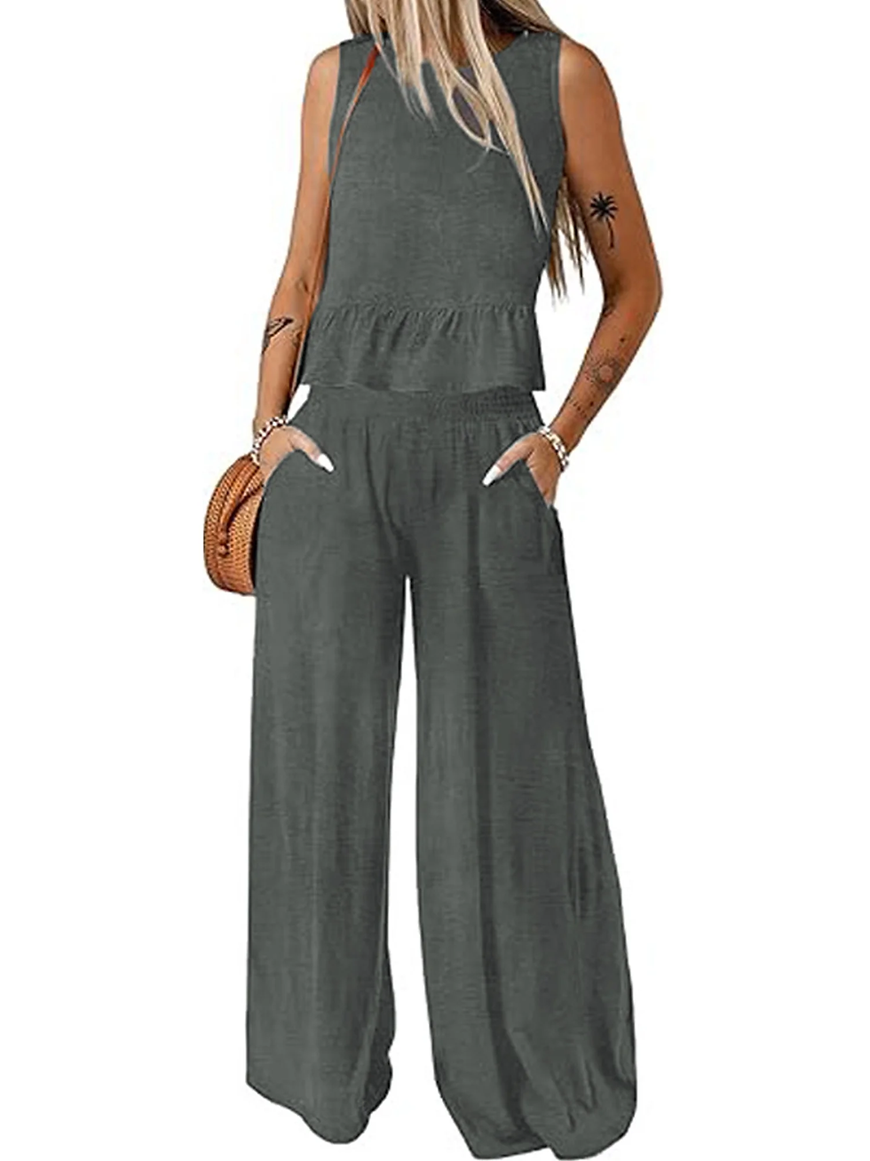 Women's Mock Neck Top & Wide Leg Crop Pants for Vacation