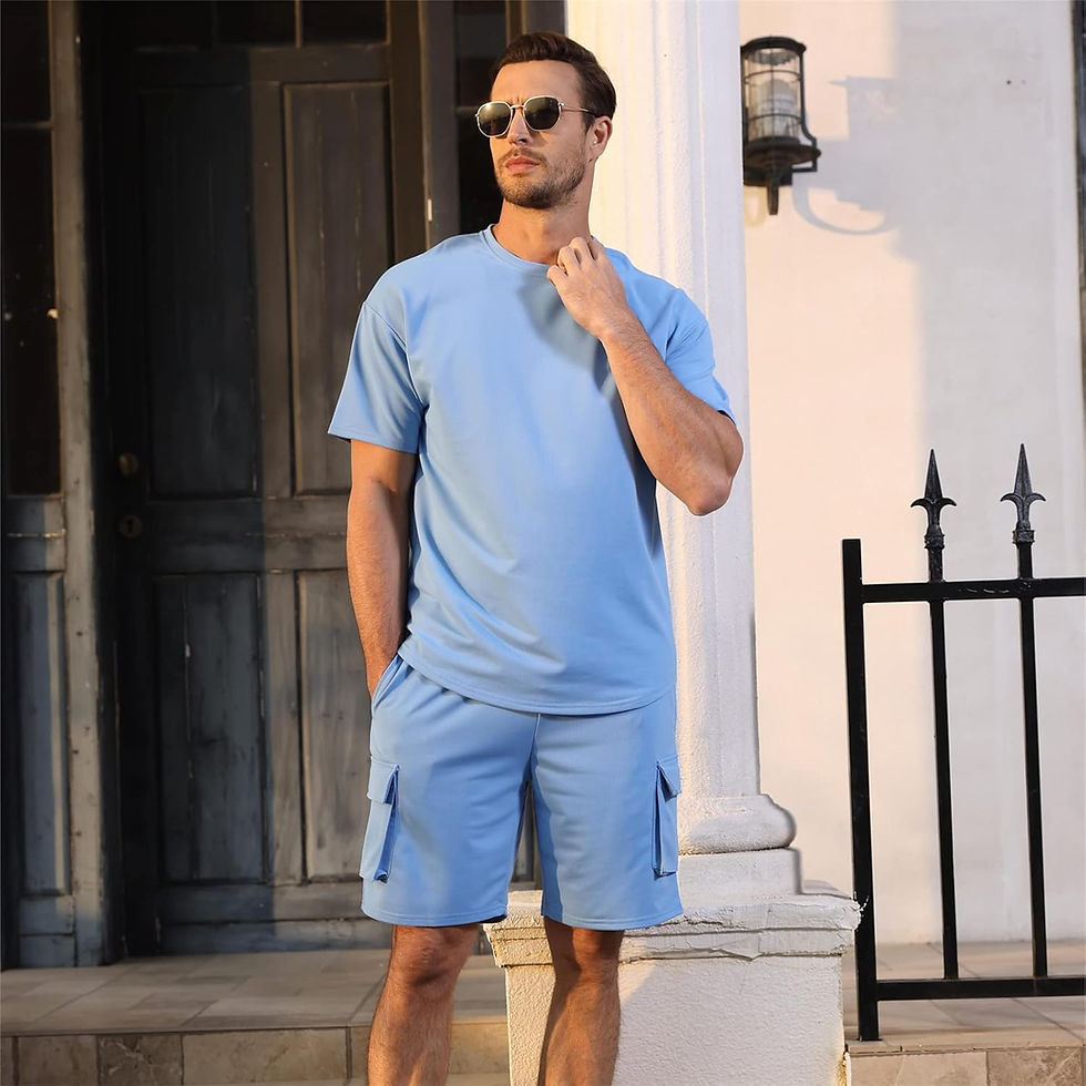 2 Piece Casual Short Sleeve Sweatsuit Set with Cargo Pocket (Light Blue)
