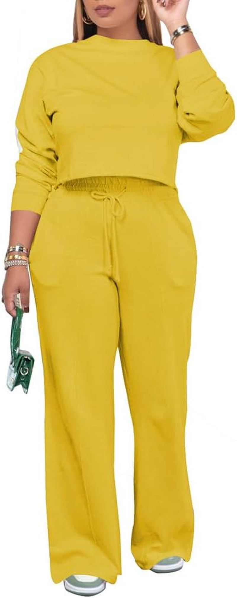 Women's 2 Piece Sweatsuit Long Sleeve Crop Top Drawstring Wide Leg Pants