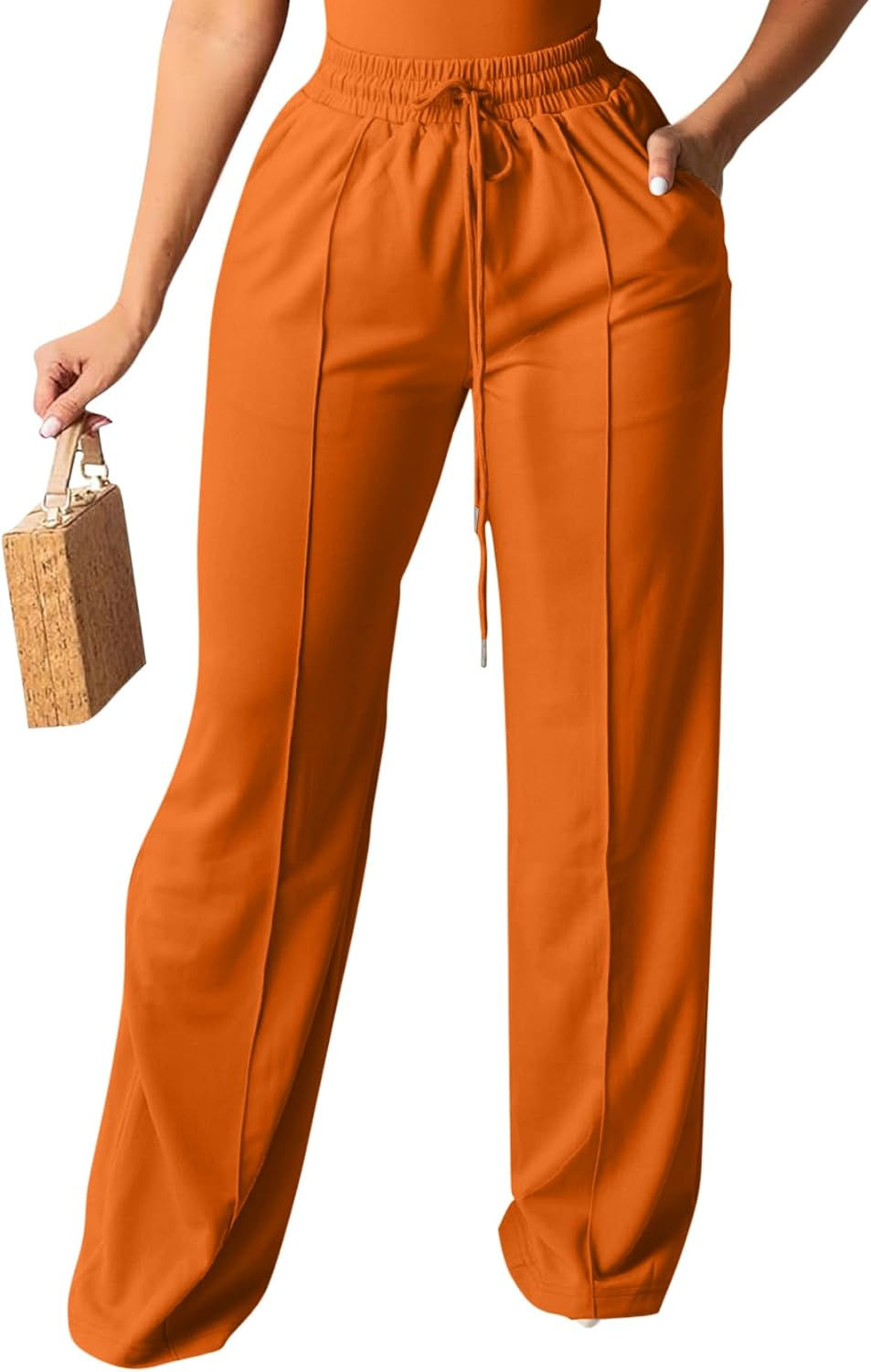 Women's Casual High Waisted Fleece Drawstring Wide Leg Sweatpants with Pockets