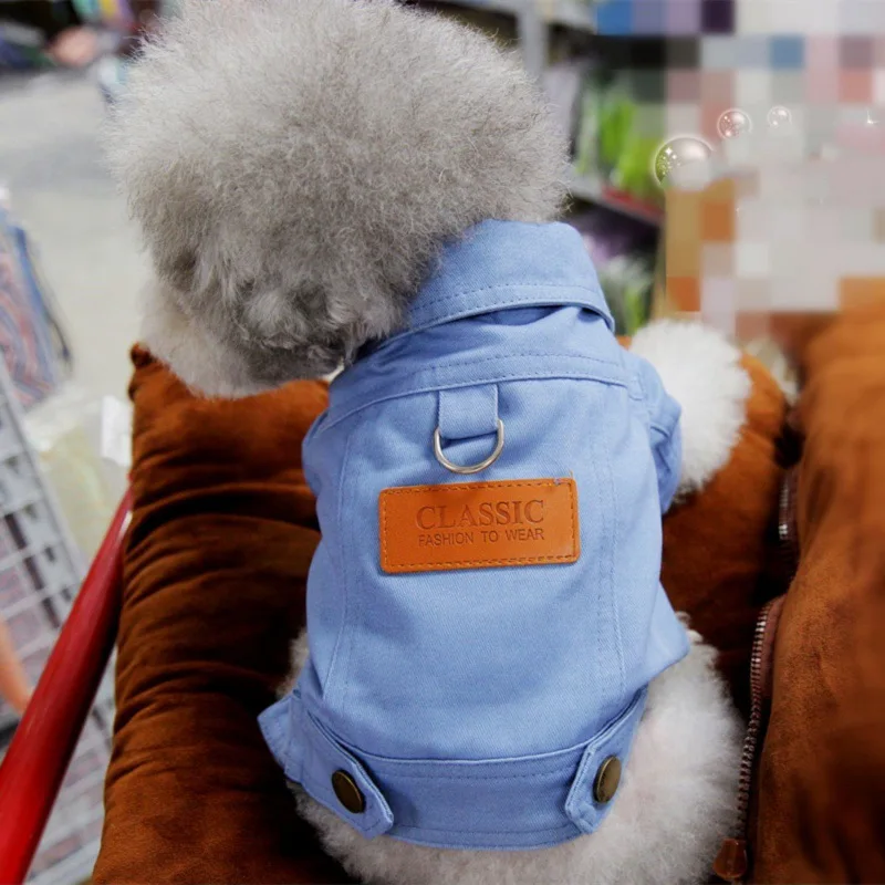 Dog Denim Coat Outfit with D Leash Ring for Small/Medium Dogs 