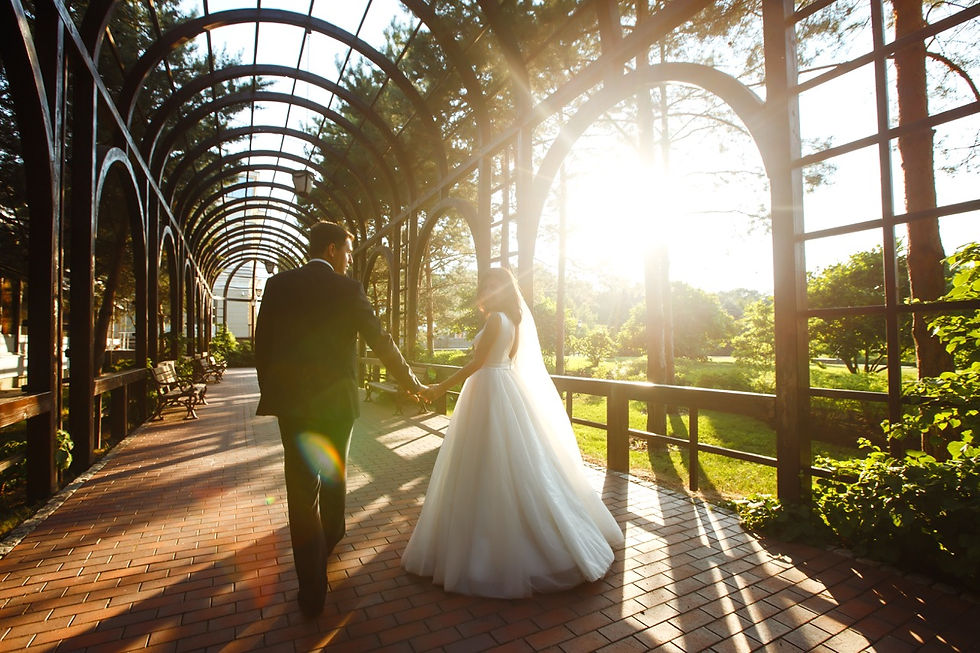 wedding couple walking down brightly lit garden