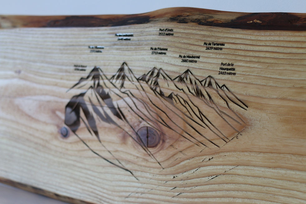 Une montagne dessinée avec des noms de sommets gravés sur du bois.