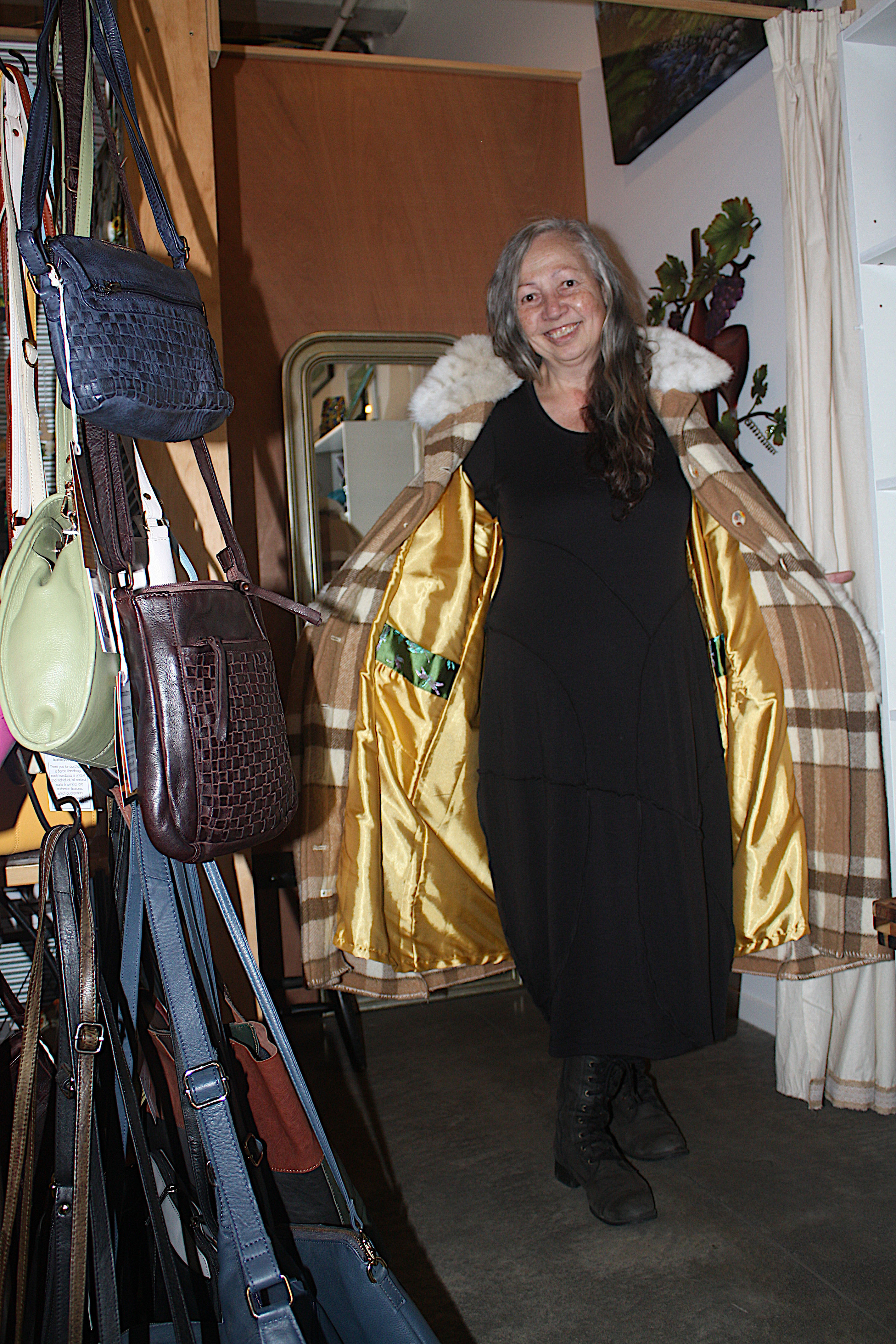 Long Wool Brown and Cream Janket, Embroidered Gold Satin Linning