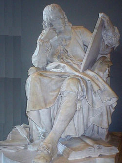 Blaise Pascal : les Provinciales sont situées à ses pieds, à droite ; marbre d’Augustin Pajou, 1785.