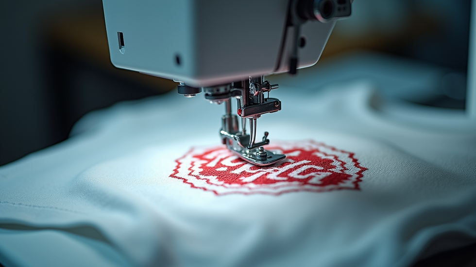 Close-up view of embroidery machine stitching a logo on a shirt