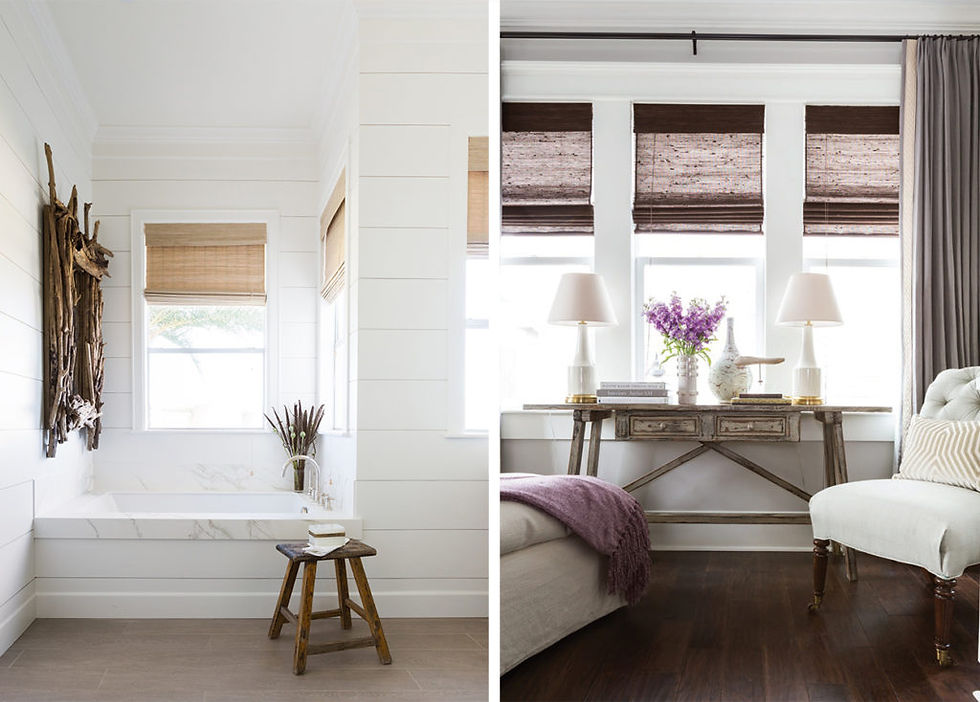 Split image: Left shows a serene bathroom with a wooden stool and rustic decor; right displays a cozy room with purple flowers, lamps, and elegant furniture.