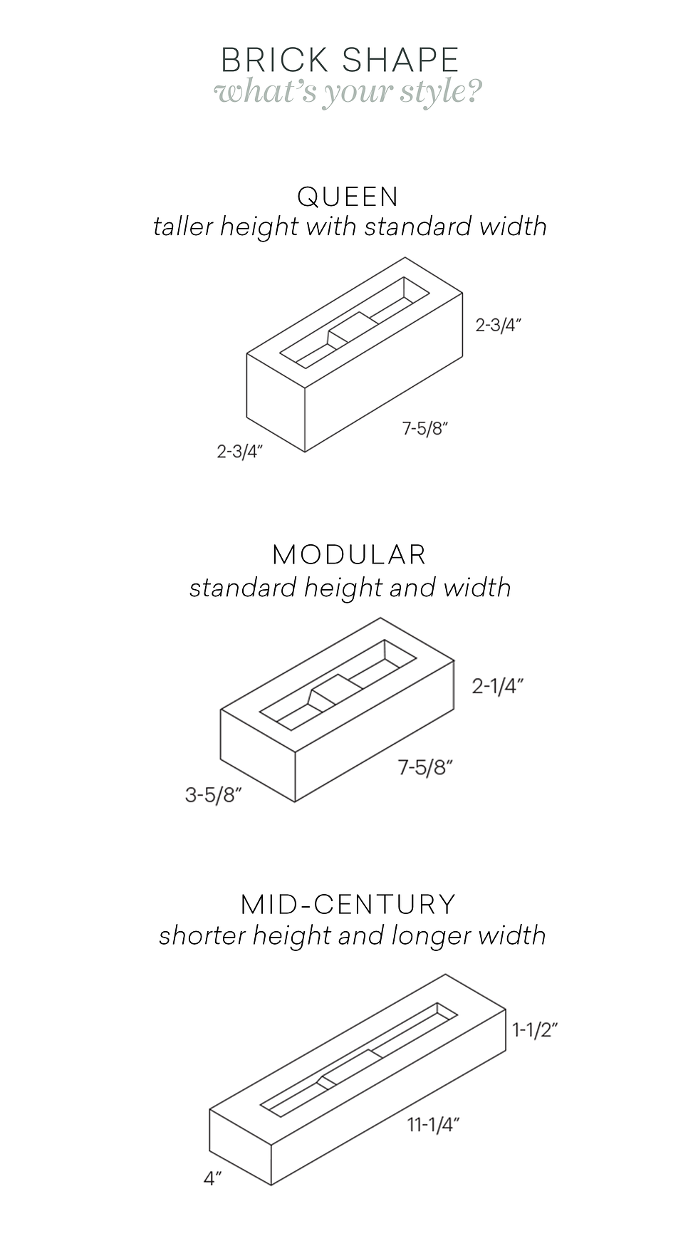 Diagram showing three brick styles: Queen, Modular, Mid-Century, each with different dimensions and features. Title: Brick Shape.