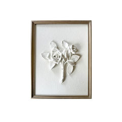 Handcrafted Floral Study rose relief artwork in antique brass-toned frame
