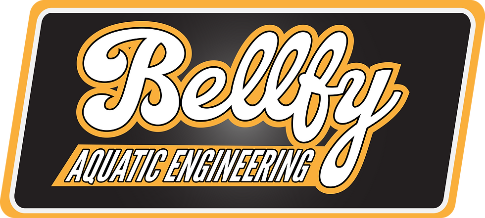 Bold text "Bellfy" and "Aquatic Engineering" in white and orange on a black background with orange border design, no imagery present.