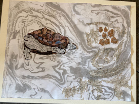 A hand painted artwork and collage. The background is a watercolor-spill looking design that is white and grey. On the left is a collaged turtle, with the body made out of cut out black and white text, and the shell is made of photos of people’s faces. The arms appear to have black dots on top of the text. On the right is sand spread across half of the page, with eggshell bits glued on in circles, presumably to represent eggs.